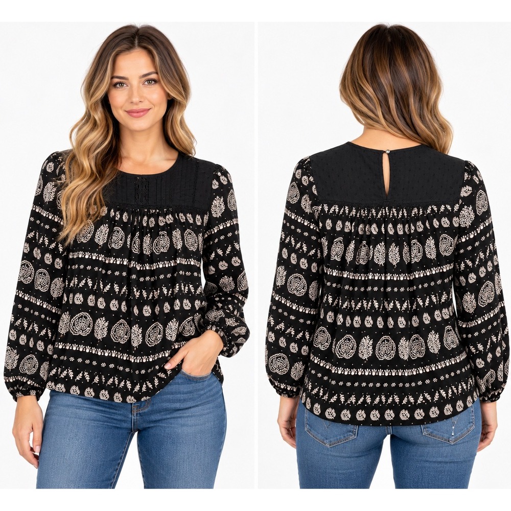 Lucky Brand Black Cream Leaf Print Peasant Blouse Long Sleeve Top Size M